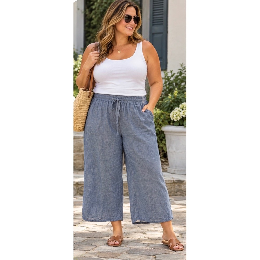 UpWest Womens Blue Linen Cotton Wide Leg Crop Pants Elastic Waist Large 90285